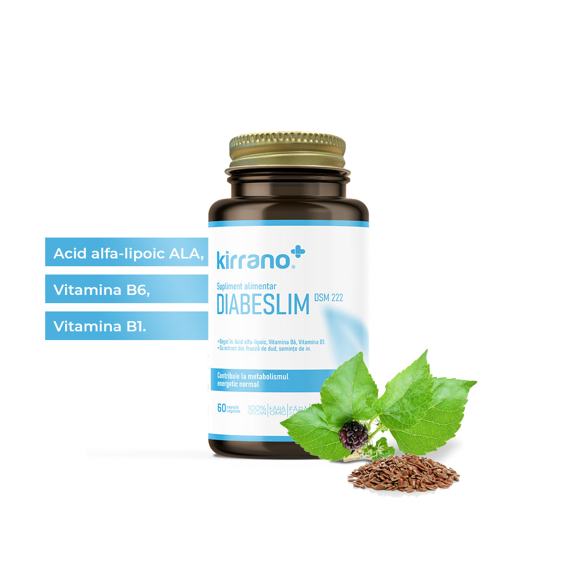 Supliment alimentar DIABESLIM, Kirrano, 60 capsule vegetale cu Acid Alfa-Lipoic și extract de Dud, pentru accelerarea metabolismului glucidic și energie