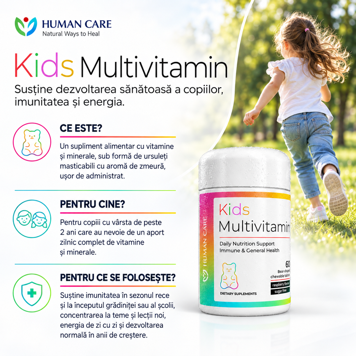 Supliment Alimentar Multivitamin Kids, Vitamine si Minerale pentru Copii, Sustine Imunitatea, Concentrarea si Cresterea Sanatoasa