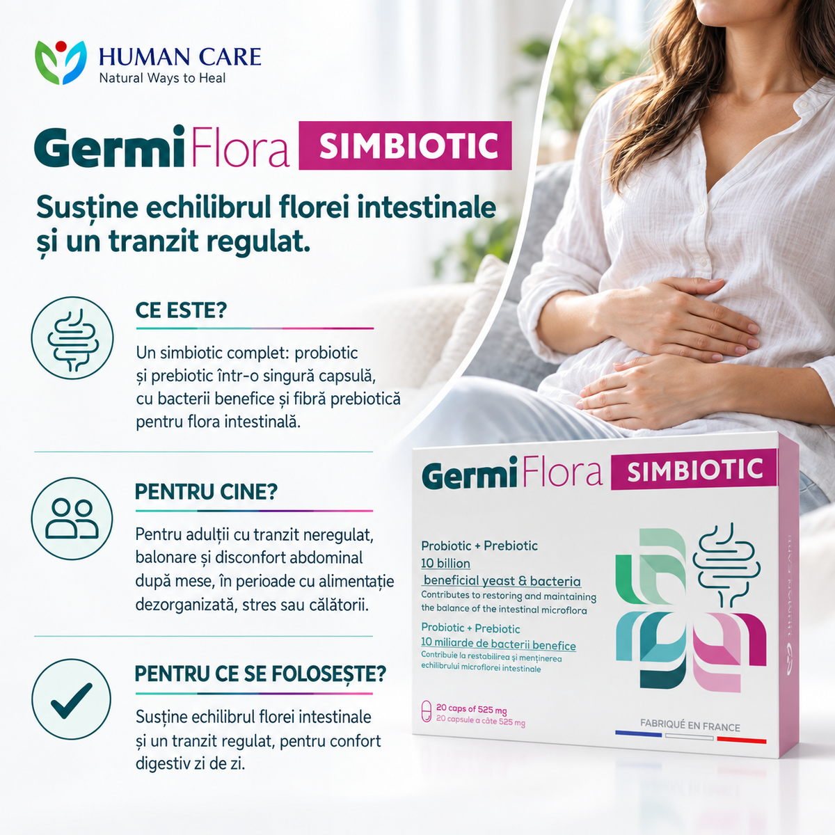 Supliment Alimentar Prebiotic + Probiotic GermiFlora Adulti, 10 Miliarde CFU, Sustine Echilibrul Florei Intestinale după Antibiotice