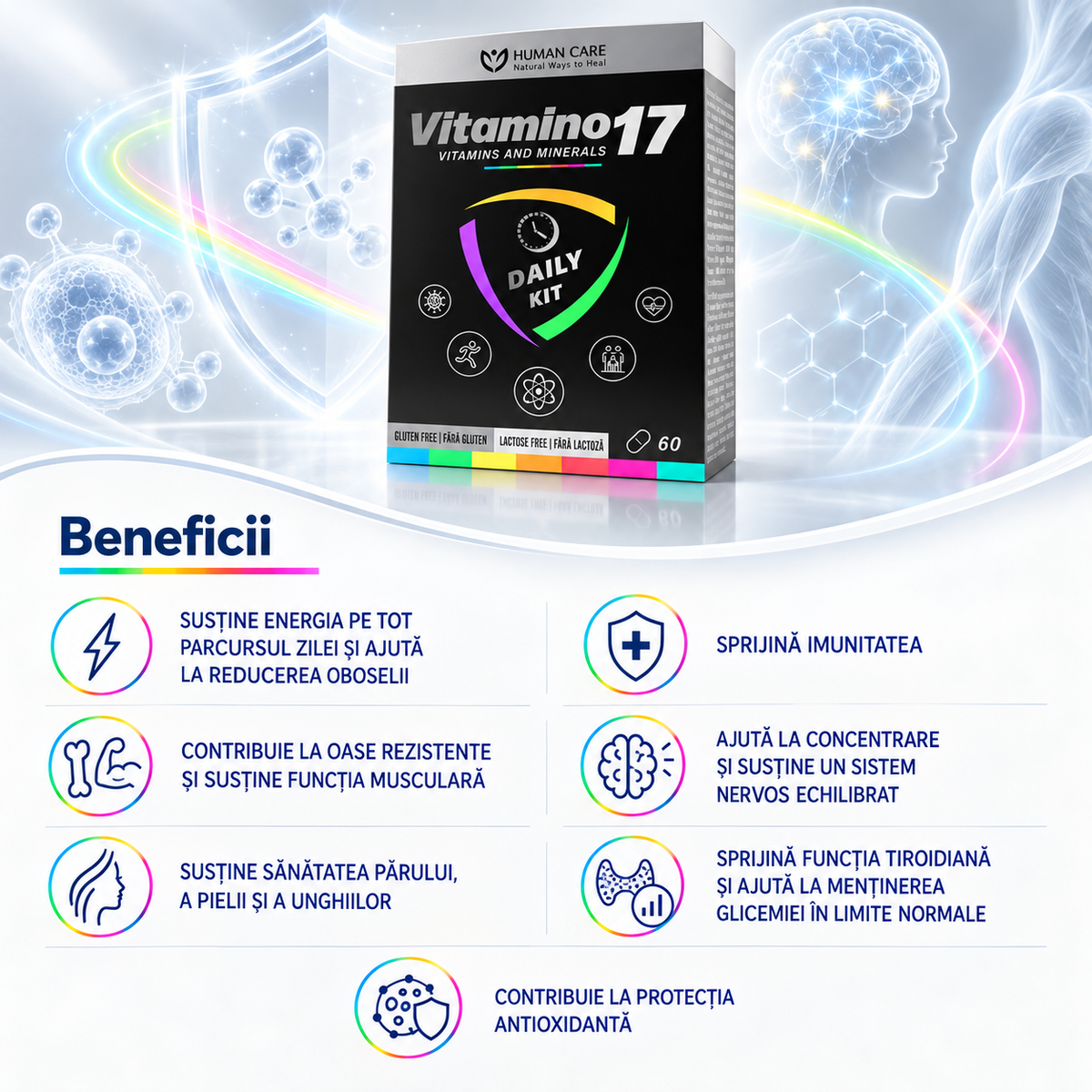 Supliment Alimentar Vitamino17, Complex 17 Vitamine si Minerale, pentru Energie, Imunitate si Oase