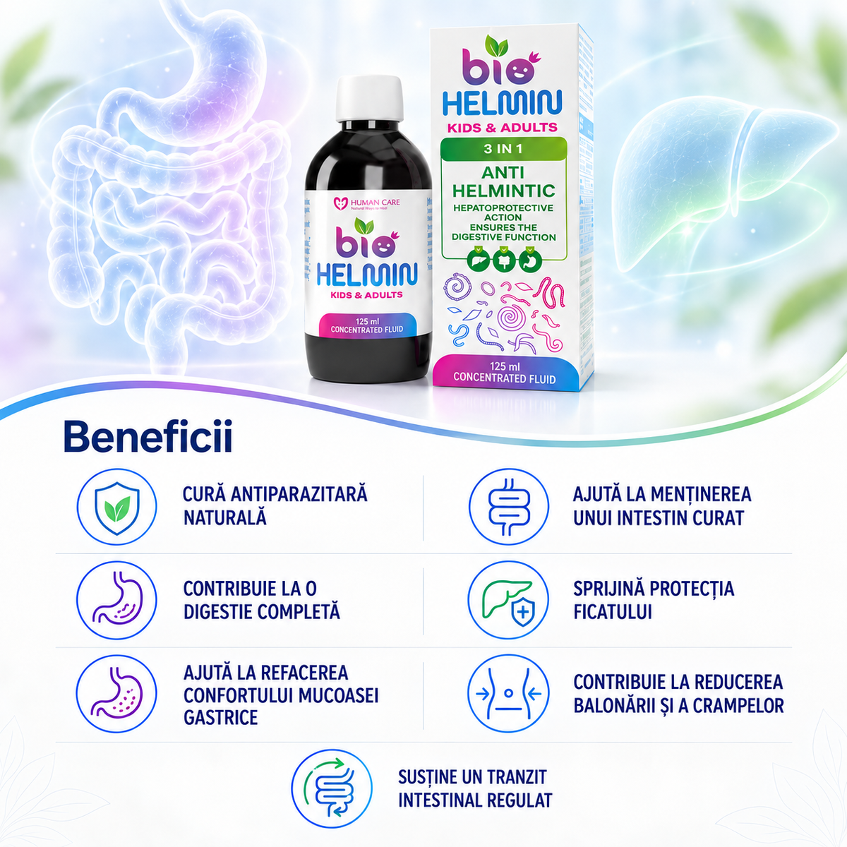 Supliment Alimentar BioHelmin, Extract din 7 Plante, 125ml, Contribuie la Mentinerea Echilibrului Florei Intestinale