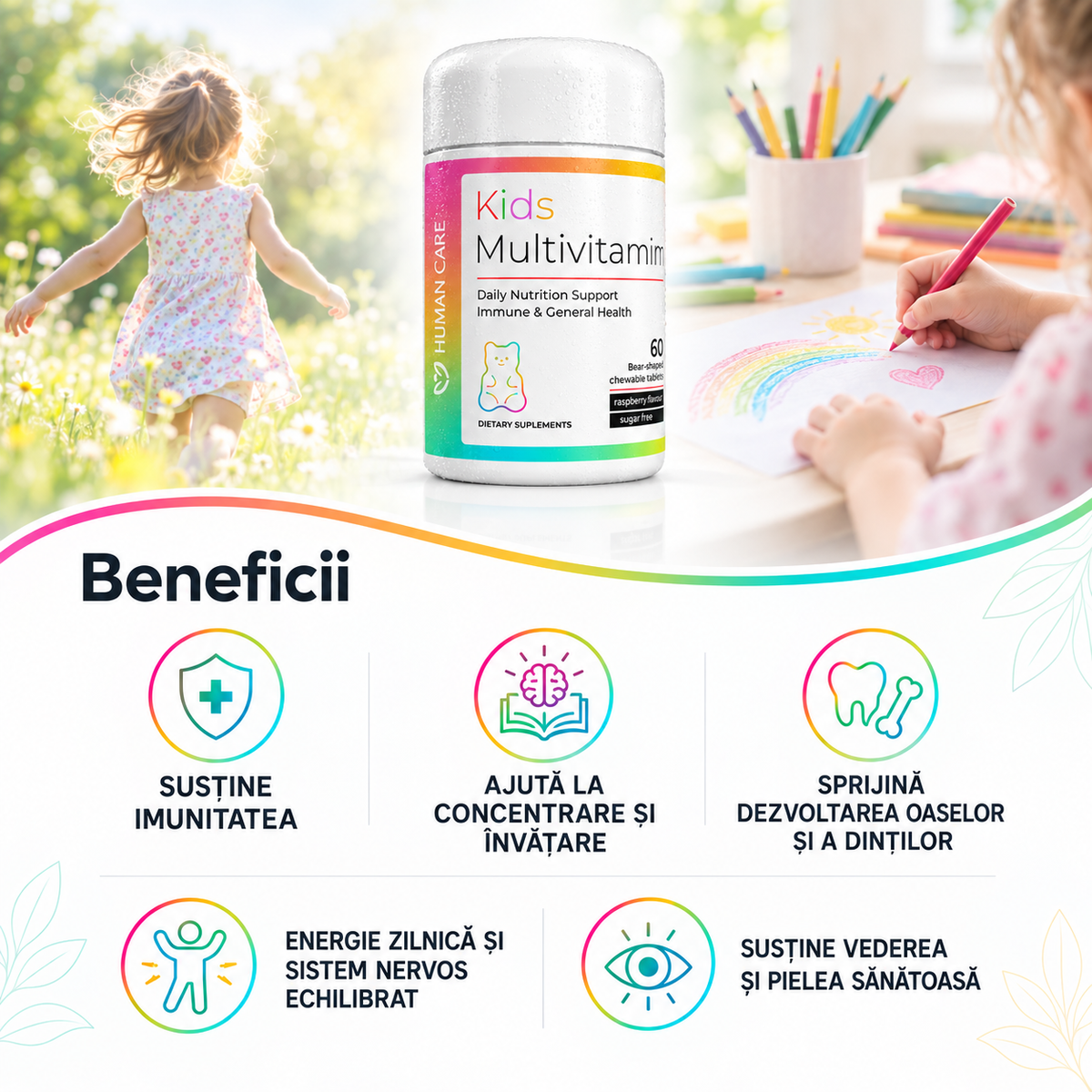 Supliment Alimentar Multivitamin Kids, Vitamine si Minerale pentru Copii, Sustine Imunitatea, Concentrarea si Cresterea Sanatoasa