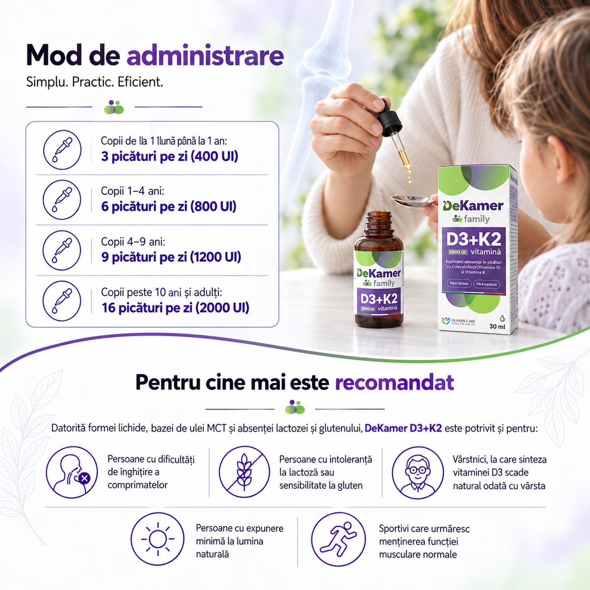 Supliment alimentar DeKamer Picaturi D3 2000 IU + K2 75 mcg, pentru Sanatatea Oaselor si Imunitate, Copii cu varsta de 1 luna