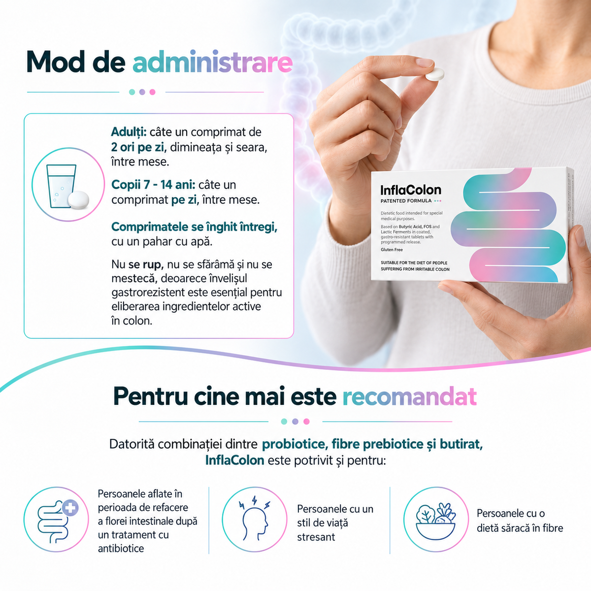 Supliment Alimentar InflaColon, Butirat de Calciu 370 mg, pentru Colon Iritabil