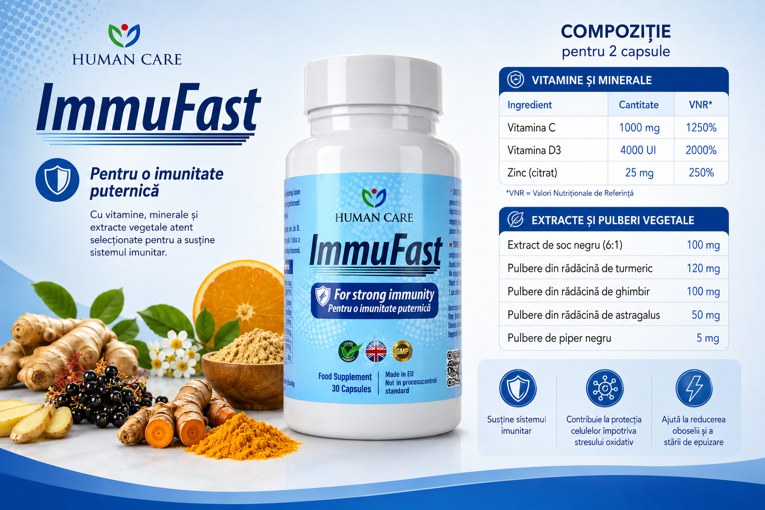 Supliment Alimentar Immufast, Vitamina C 1000 mg + D3 5000 IU, Susține Imunitatea
