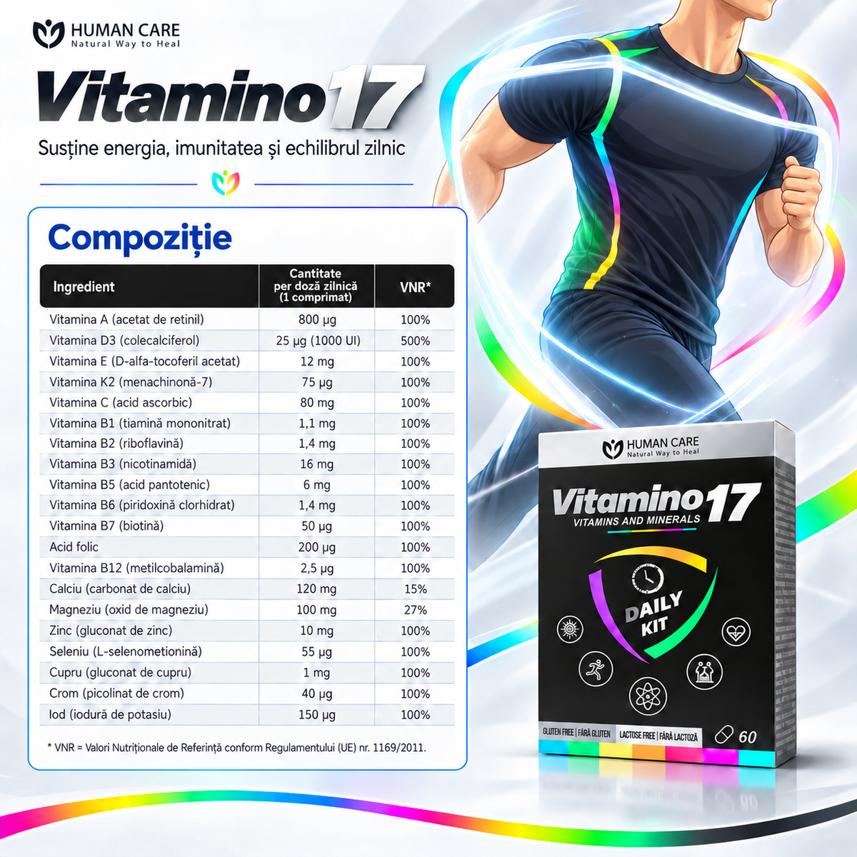 Supliment Alimentar Vitamino17, Complex 17 Vitamine si Minerale, pentru Energie, Imunitate si Oase