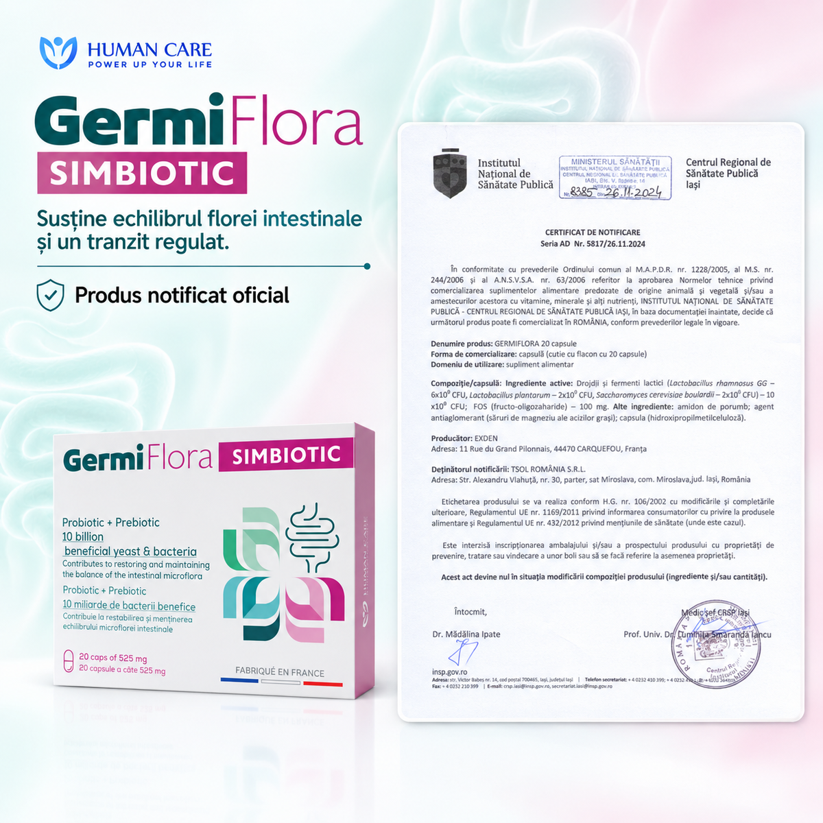 Supliment Alimentar Prebiotic + Probiotic GermiFlora Adulti, 10 Miliarde CFU, Sustine Echilibrul Florei Intestinale după Antibiotice