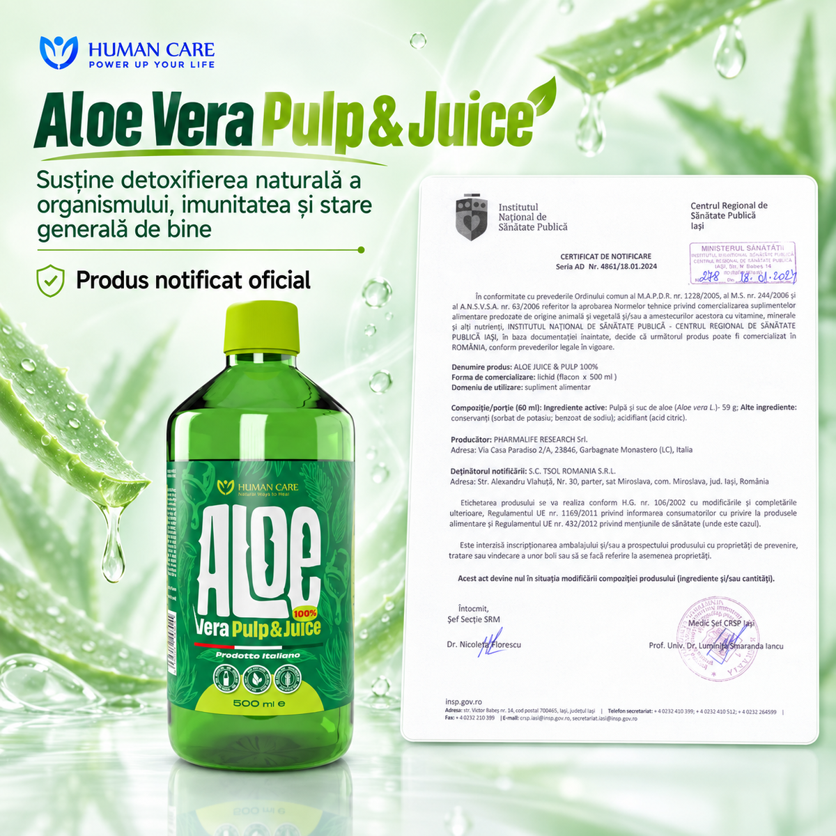 Supliment Alimentar Aloe Vera Suc Natural 100% cu Pulpa, potrivit pentru Detox, Digestie si Imunitate