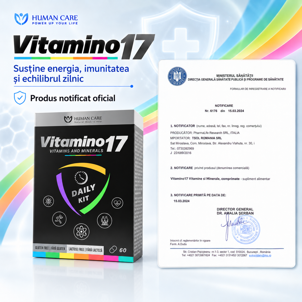 Supliment Alimentar Vitamino17, Complex 17 Vitamine si Minerale, pentru Energie, Imunitate si Oase