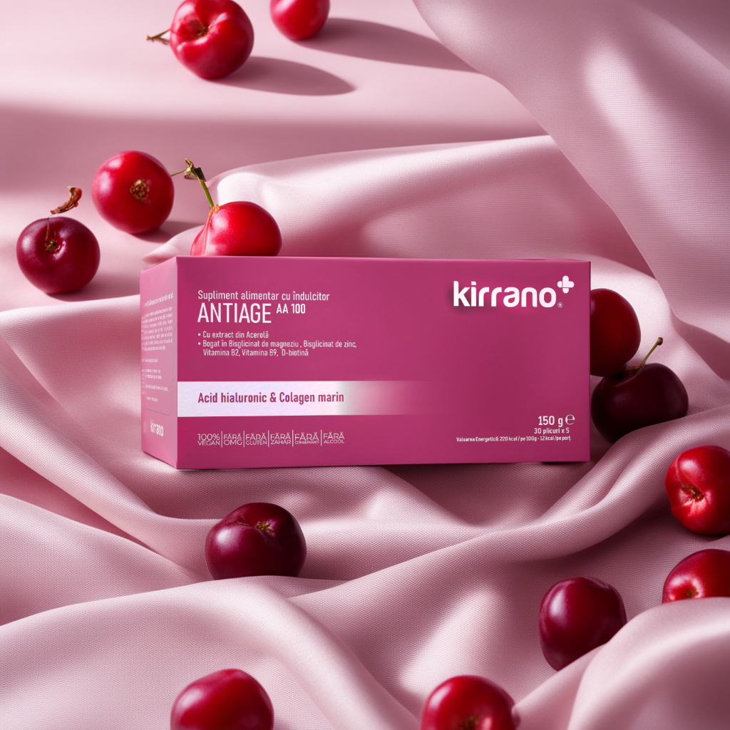 Supliment alimentar: KIRRANO ANTIAGE AA100 cu acid hialuronic+acerola, pentru managementul vârstei