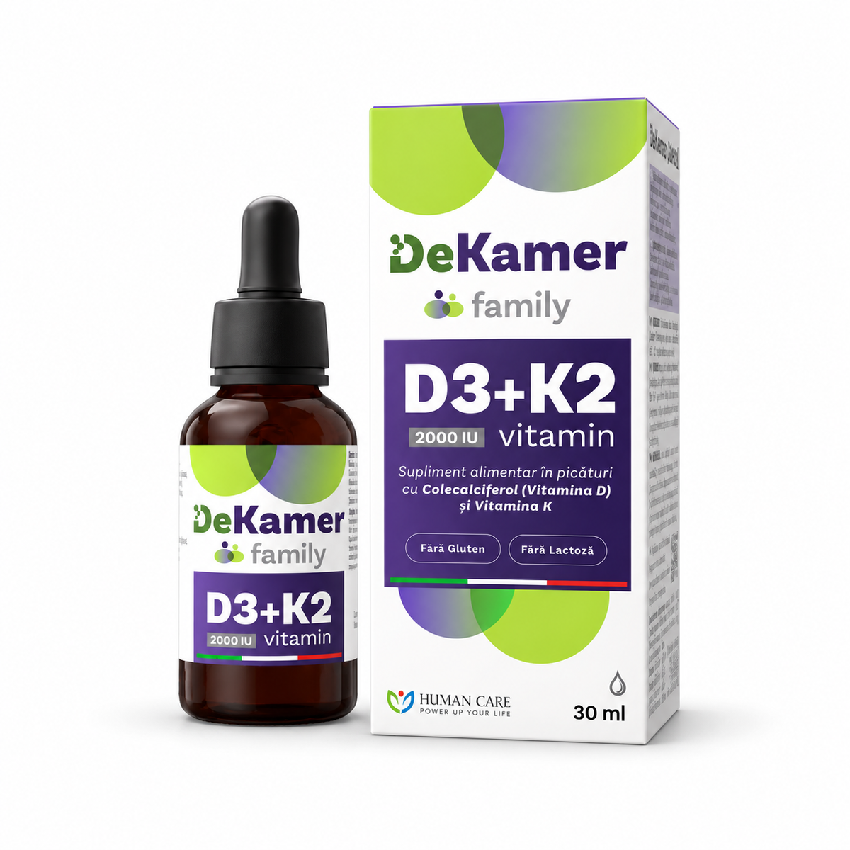 Supliment alimentar DeKamer Picaturi D3 2000 IU + K2 75 mcg, pentru Sanatatea Oaselor si Imunitate, Copii cu varsta de 1 luna – fundal alb