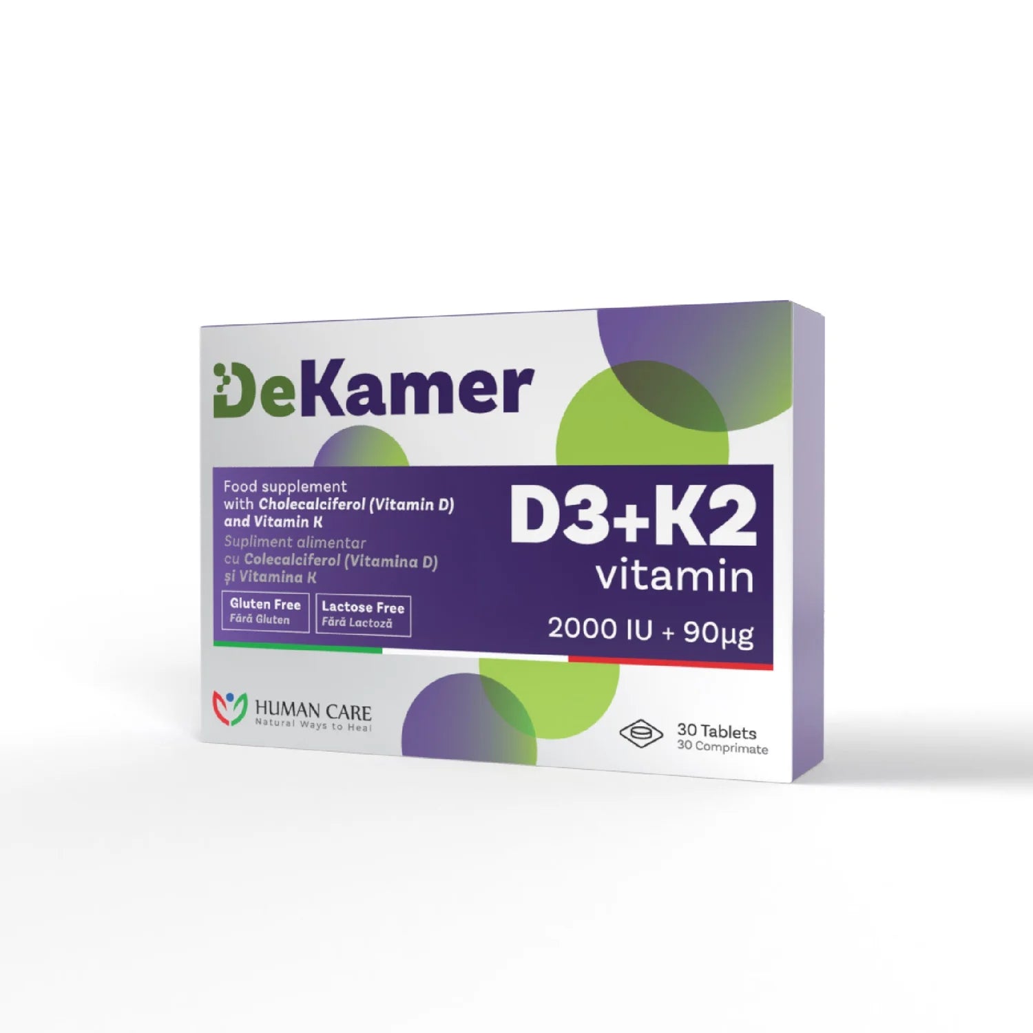 Supliment alimentar DeKamer Comprimate D3 2000 IU + K2 90 mcg, 30 comprimate, Human Care, pentru sanatatea oaselor si imunitate
