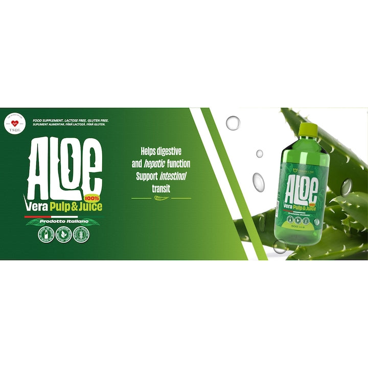 Supliment Alimentar Aloe Vera Suc Natural 100% cu Pulpa, 500ml, Human Care, potrivit pentru Detox, Digestie si Imunitate, Fara Aditivi