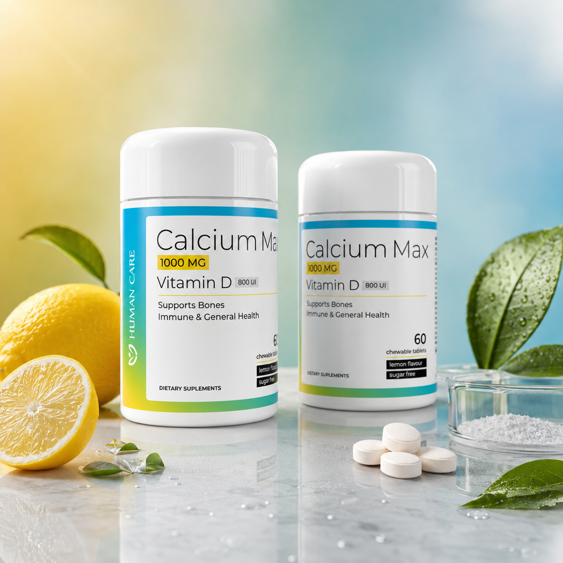 Supliment Alimentar Calcium Max, 1000mg Calciu + 800 UI Vitamina D3, 60 comprimate, Human Care, pentru Oase, Mușchi și Imunitate, fără Zahăr