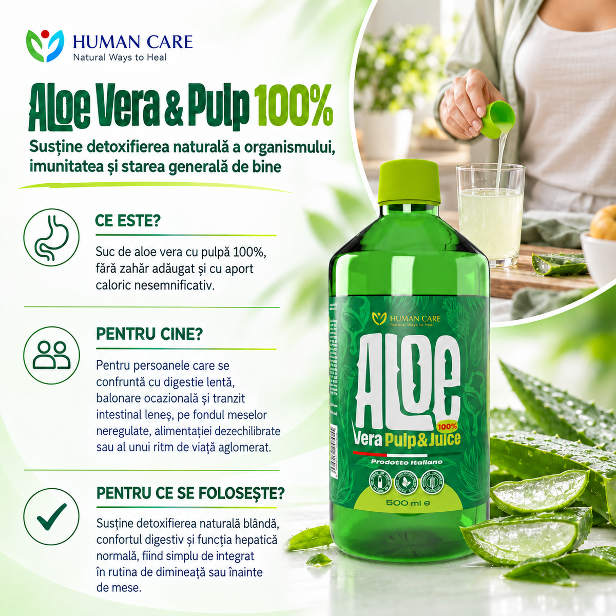 Supliment Alimentar Aloe Vera Suc Natural 100% cu Pulpa, potrivit pentru Detox, Digestie si Imunitate