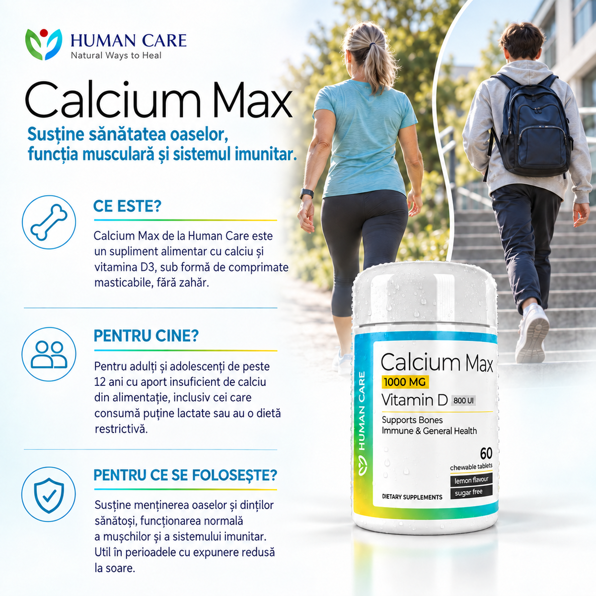 CALCIUM MAX Calciu 1000 mg + Vitamina D3 800 UI, 60 comprimate masticabile