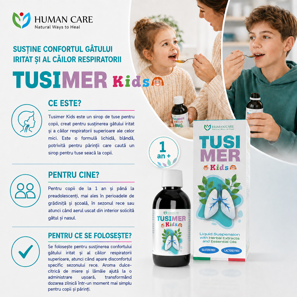 Supliment Alimentar Tusimer Kids Human Care, sirop tuse copii pentru confortul gâtului și susținerea căilor respiratorii, 200 ml sirop miere, extracte de Pătlagină, Nalbă mare, Grindelia și Imortelă