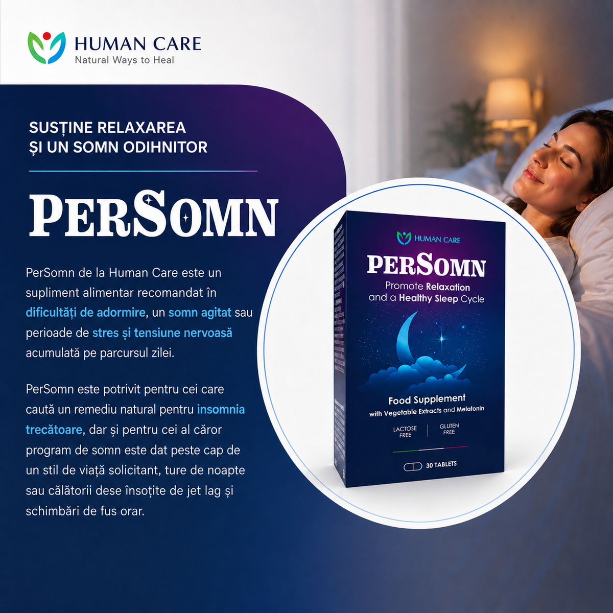 Supliment Alimentar PerSomn, Valeriana &amp; Melatonina 1 mg pentru Insomnii si Somn Linistit