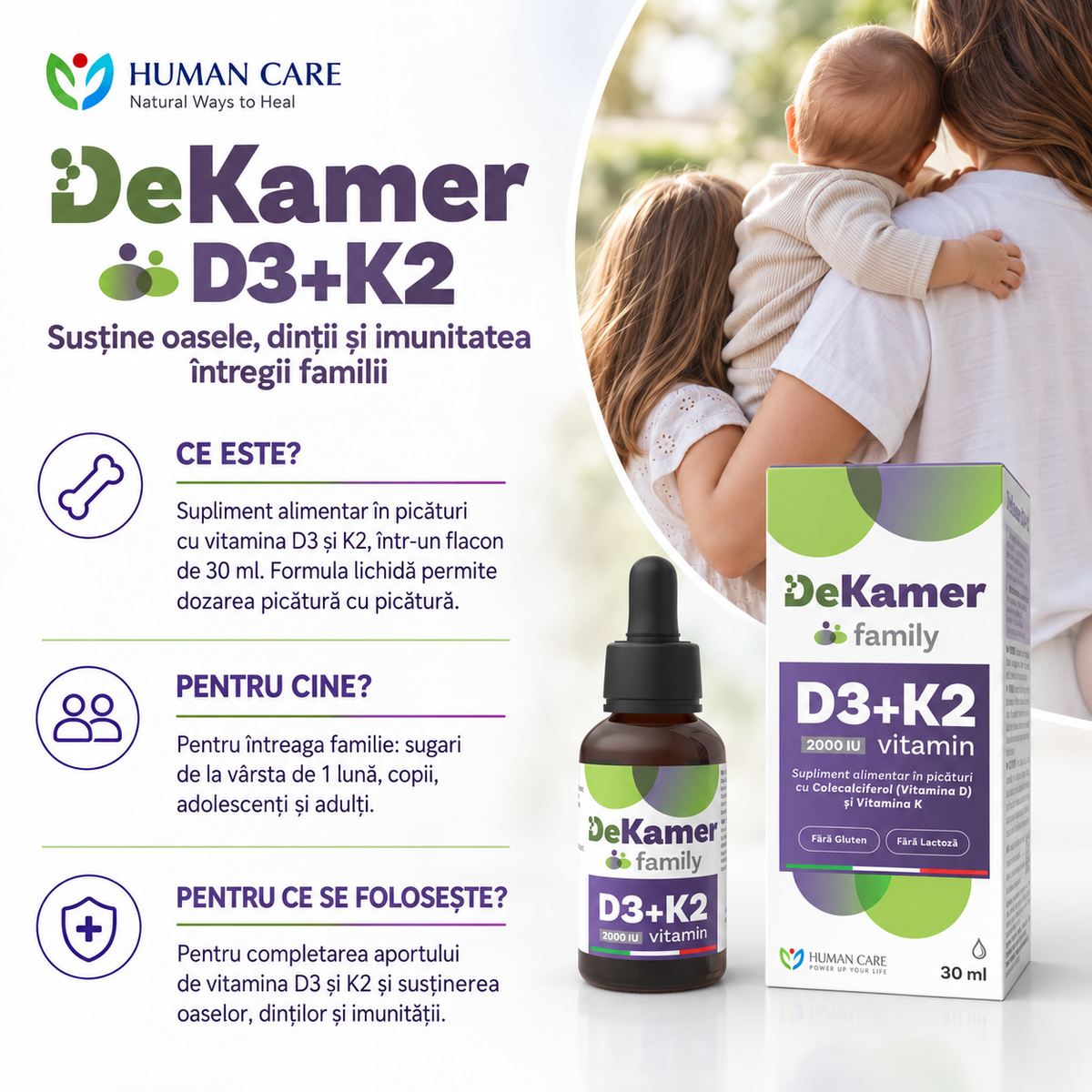 Supliment alimentar DeKamer Picaturi D3 2000 IU + K2 75 mcg, pentru Sanatatea Oaselor si Imunitate, Copii cu varsta de 1 luna