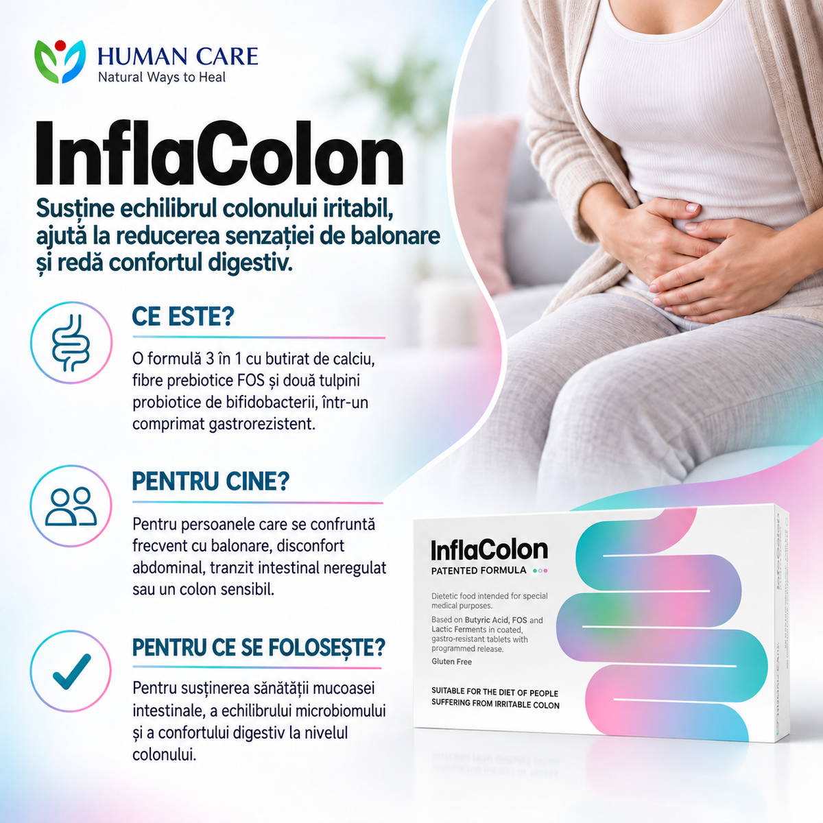Supliment Alimentar InflaColon, Butirat de Calciu 370 mg, pentru Colon Iritabil
