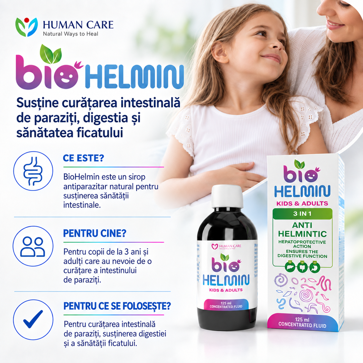 Supliment Alimentar BioHelmin, Extract din 7 Plante, 125ml, Contribuie la Mentinerea Echilibrului Florei Intestinale