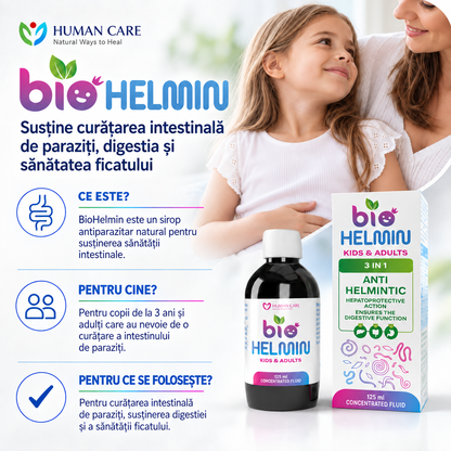 Supliment Alimentar BioHelmin, Extract din 7 Plante, 125ml, Contribuie la Mentinerea Echilibrului Florei Intestinale