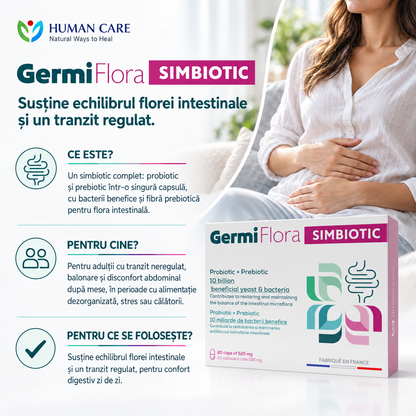 Supliment Alimentar Prebiotic + Probiotic GermiFlora Adulti, 10 Miliarde CFU, Sustine Echilibrul Florei Intestinale după Antibiotice