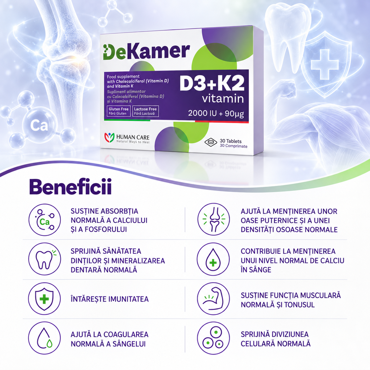 DEKAMER Vitamina D3 2000 UI + Vitamina K2 90 µg, 30 comprimate
