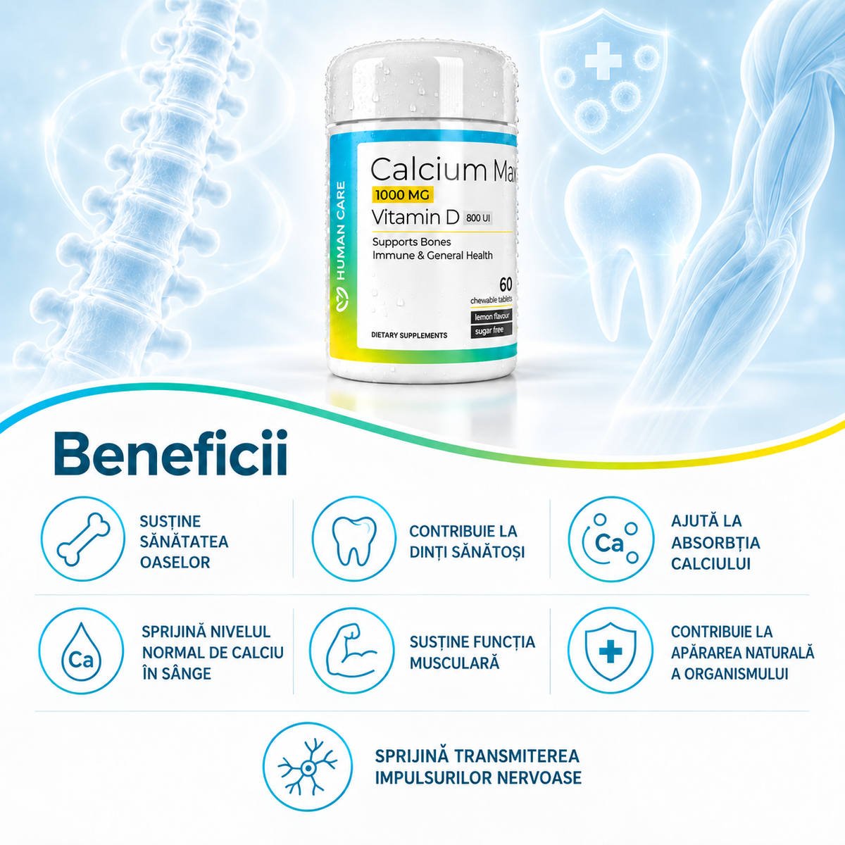 CALCIUM MAX Calciu 1000 mg + Vitamina D3 800 UI, 60 comprimate masticabile
