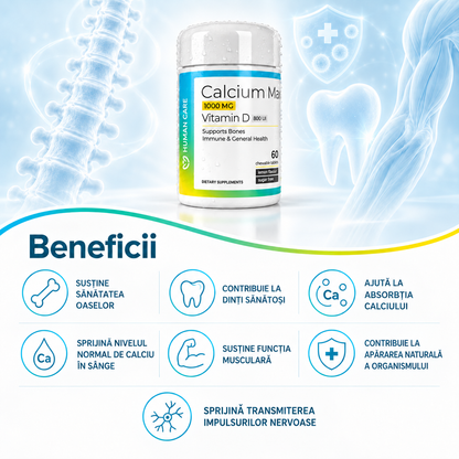 CALCIUM MAX Calciu 1000 mg + Vitamina D3 800 UI, 60 comprimate masticabile