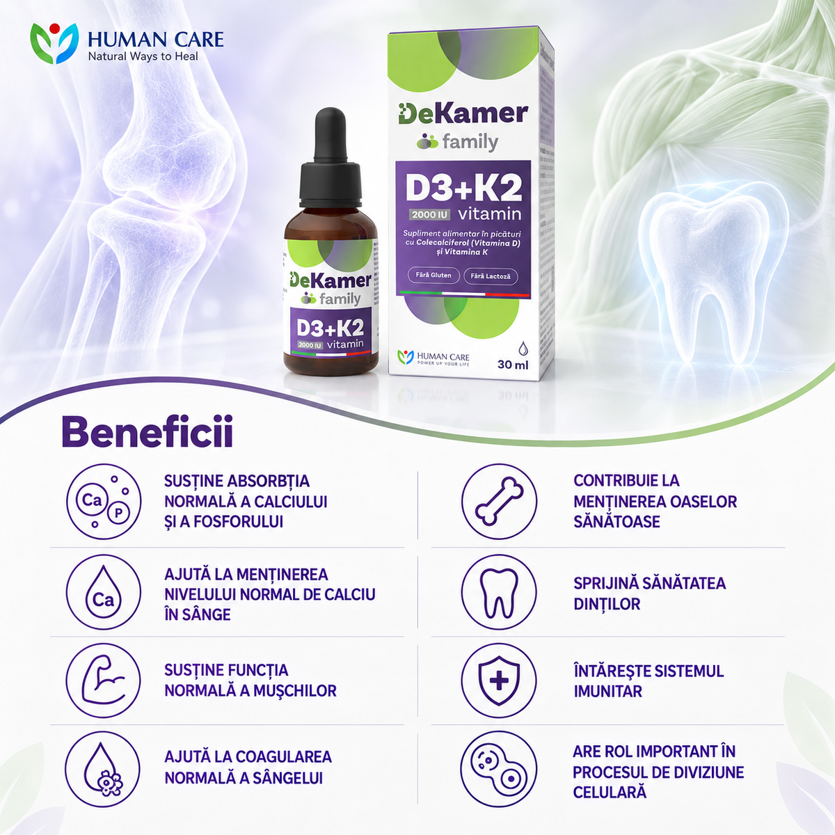 Supliment alimentar DeKamer Picaturi D3 2000 IU + K2 75 mcg, pentru Sanatatea Oaselor si Imunitate, Copii cu varsta de 1 luna