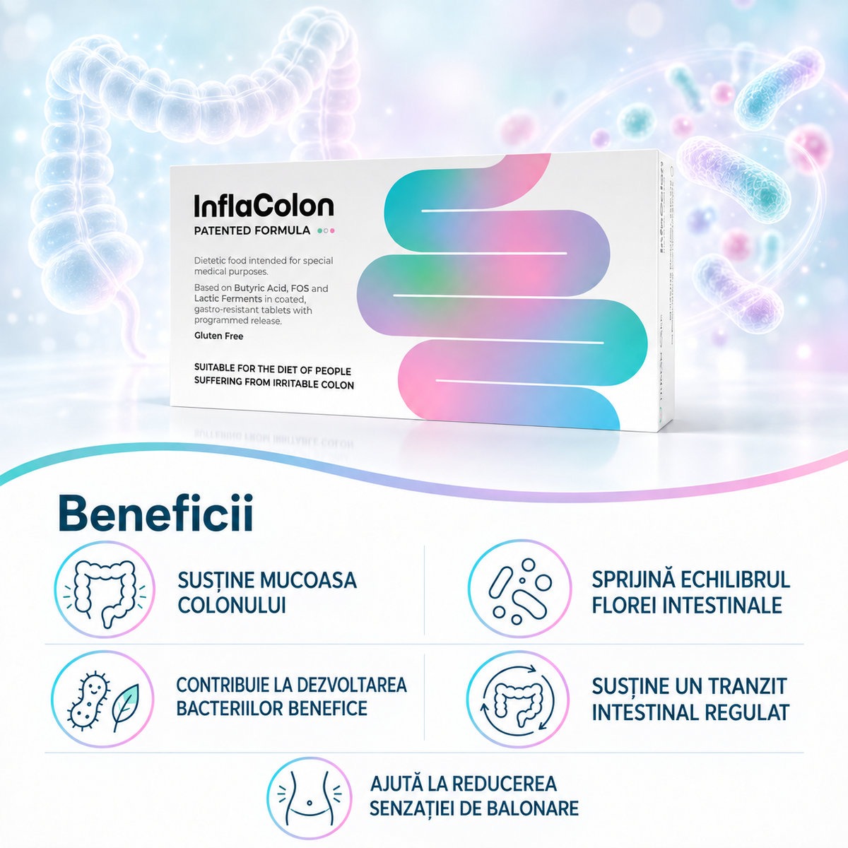 Supliment Alimentar InflaColon, Butirat de Calciu 370 mg, pentru Colon Iritabil