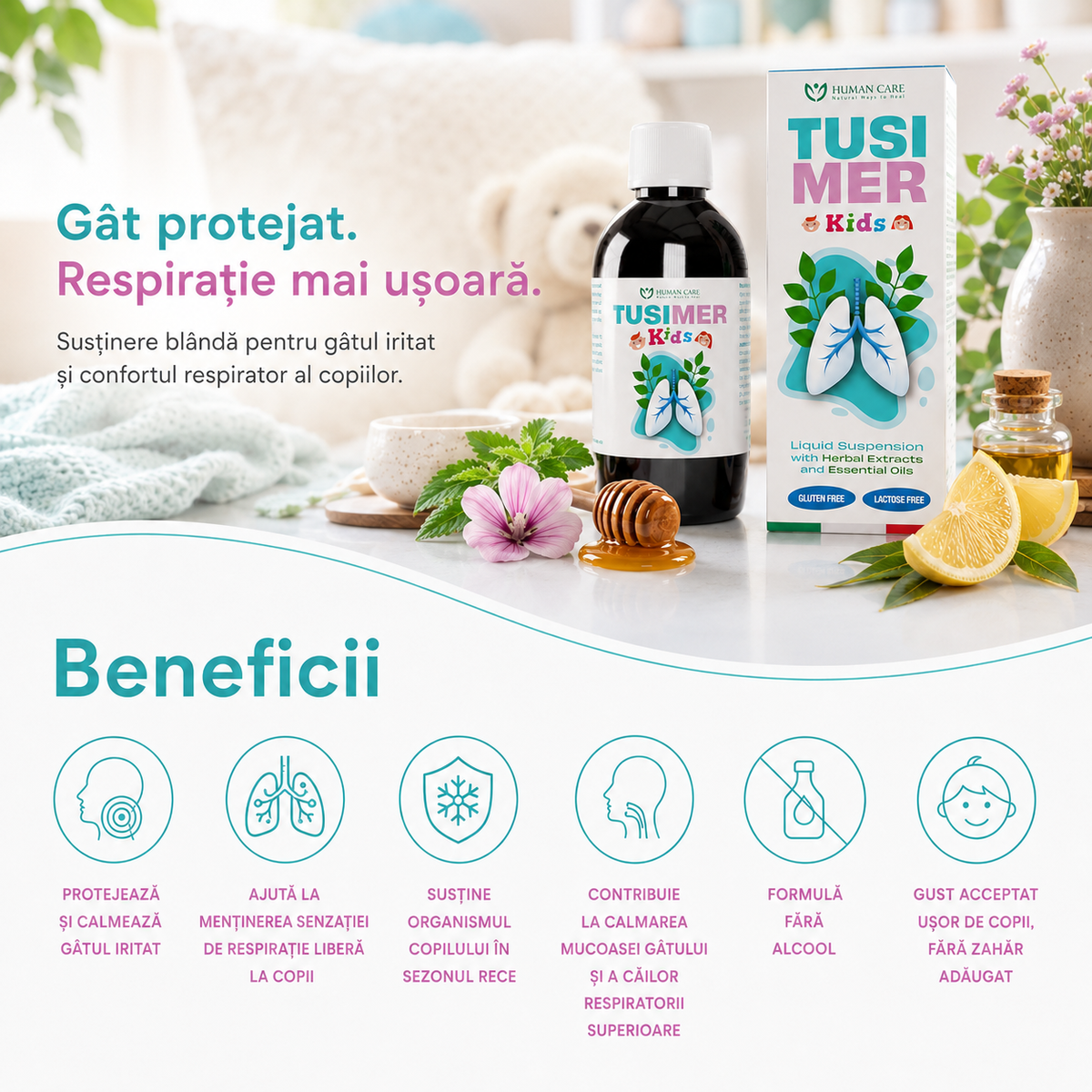 Supliment Alimentar Tusimer Kids Human Care, sirop tuse copii pentru confortul gâtului și susținerea căilor respiratorii, 200 ml sirop miere, extracte de Pătlagină, Nalbă mare, Grindelia și Imortelă