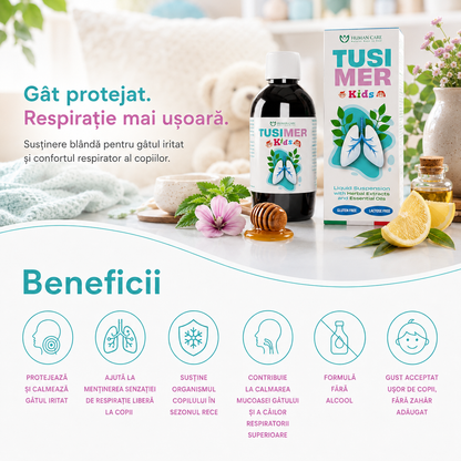 Supliment Alimentar Tusimer Kids Human Care, sirop tuse copii pentru confortul gâtului și susținerea căilor respiratorii, 200 ml sirop miere, extracte de Pătlagină, Nalbă mare, Grindelia și Imortelă