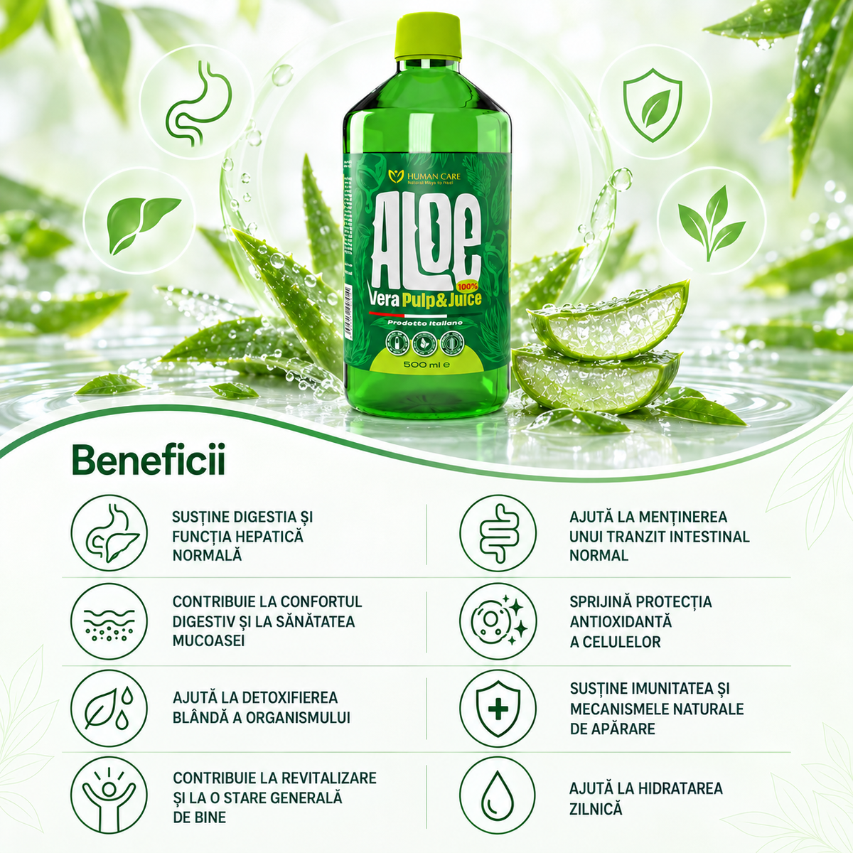 Supliment Alimentar Aloe Vera Suc Natural 100% cu Pulpa, potrivit pentru Detox, Digestie si Imunitate