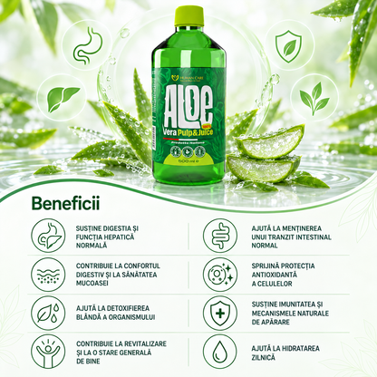 Supliment Alimentar Aloe Vera Suc Natural 100% cu Pulpa, potrivit pentru Detox, Digestie si Imunitate