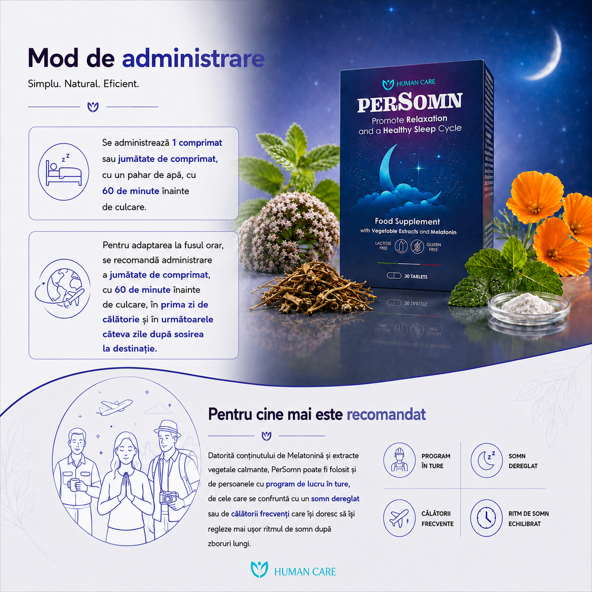 Supliment Alimentar PerSomn, Valeriana &amp; Melatonina 1 mg pentru Insomnii si Somn Linistit