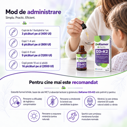 Supliment alimentar DeKamer Picaturi D3 2000 IU + K2 75 mcg, pentru Sanatatea Oaselor si Imunitate, Copii cu varsta de 1 luna