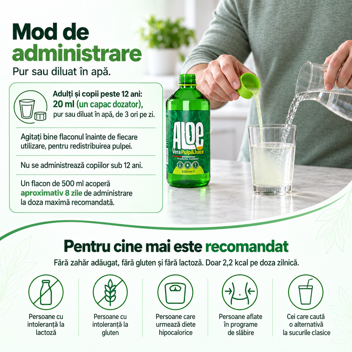 Supliment Alimentar Aloe Vera Suc Natural 100% cu Pulpa, potrivit pentru Detox, Digestie si Imunitate