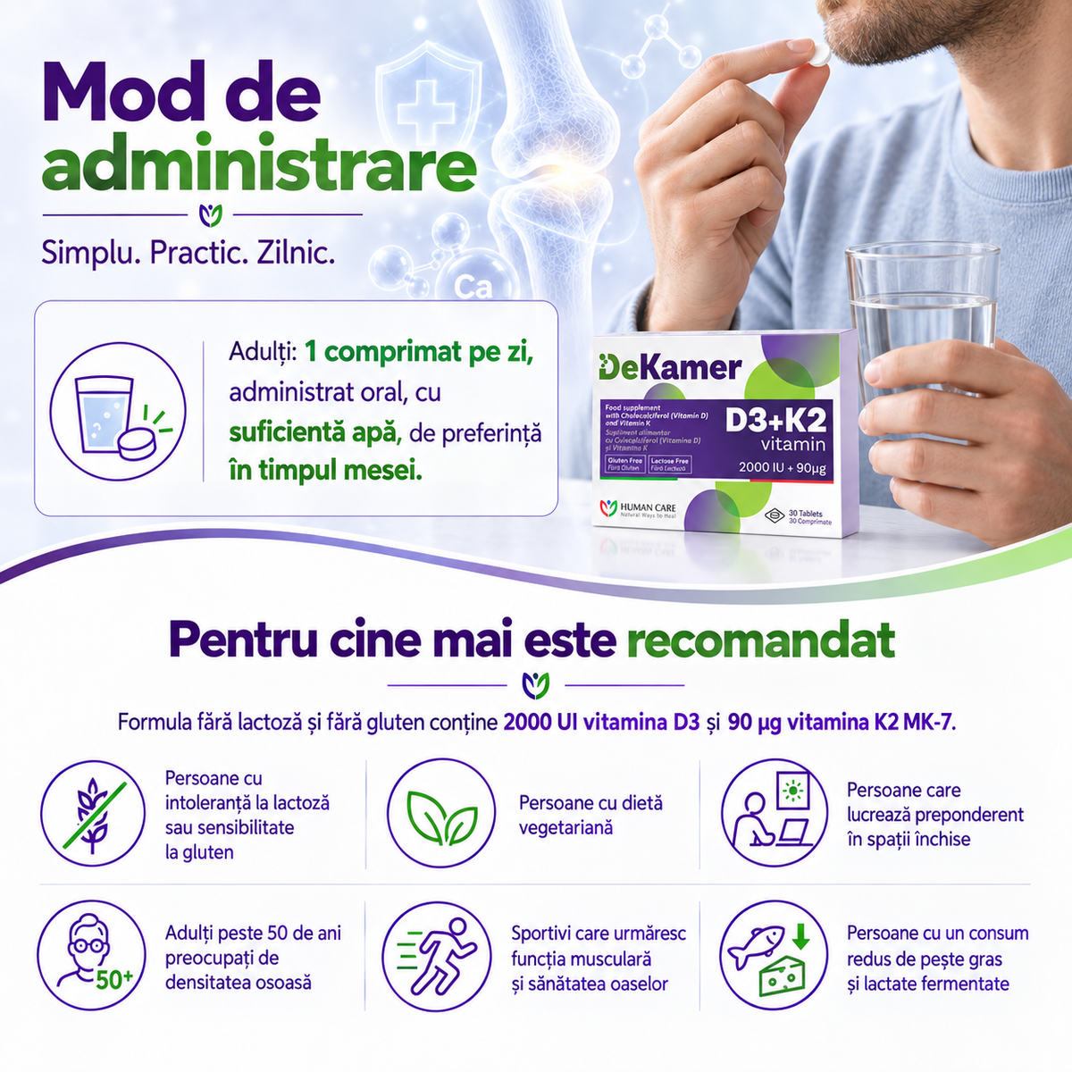 DEKAMER Vitamina D3 2000 UI + Vitamina K2 90 µg, 30 comprimate
