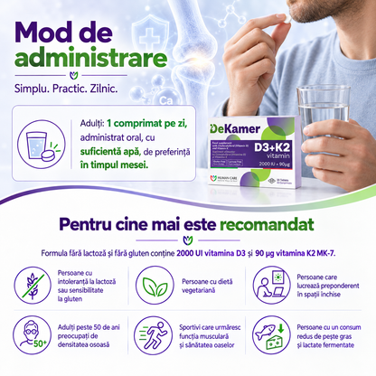 DEKAMER Vitamina D3 2000 UI + Vitamina K2 90 µg, 30 comprimate