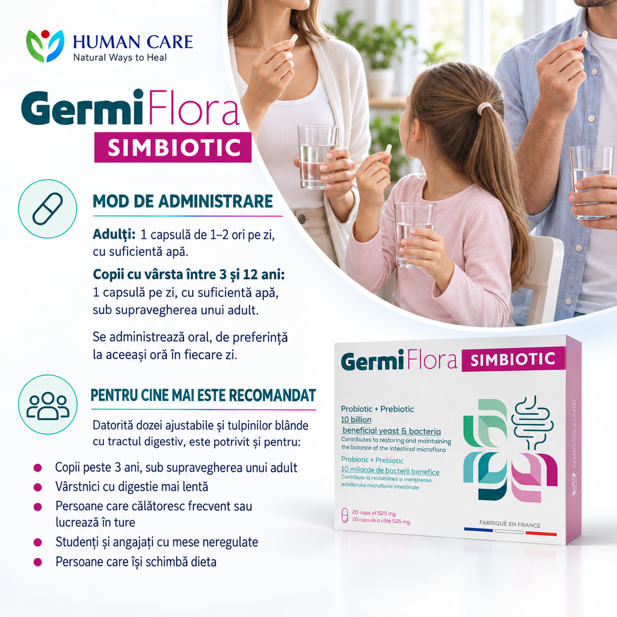Supliment Alimentar Prebiotic + Probiotic GermiFlora Adulti, 10 Miliarde CFU, Sustine Echilibrul Florei Intestinale după Antibiotice