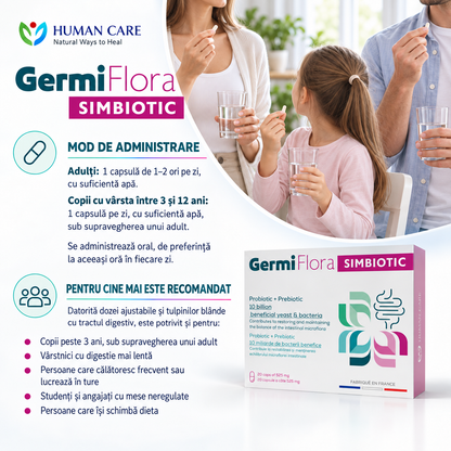 Supliment Alimentar Prebiotic + Probiotic GermiFlora Adulti, 10 Miliarde CFU, Sustine Echilibrul Florei Intestinale după Antibiotice