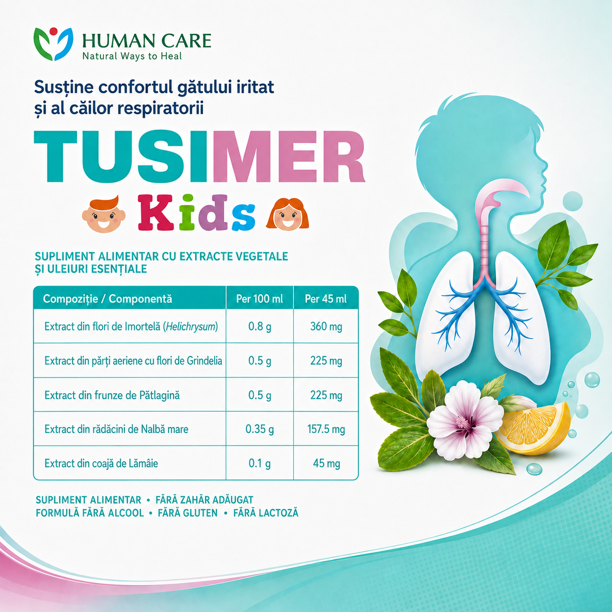 Supliment Alimentar Tusimer Kids Human Care, sirop tuse copii pentru confortul gâtului și susținerea căilor respiratorii, 200 ml sirop miere, extracte de Pătlagină, Nalbă mare, Grindelia și Imortelă