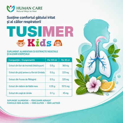 Supliment Alimentar Tusimer Kids Human Care, sirop tuse copii pentru confortul gâtului și susținerea căilor respiratorii, 200 ml sirop miere, extracte de Pătlagină, Nalbă mare, Grindelia și Imortelă
