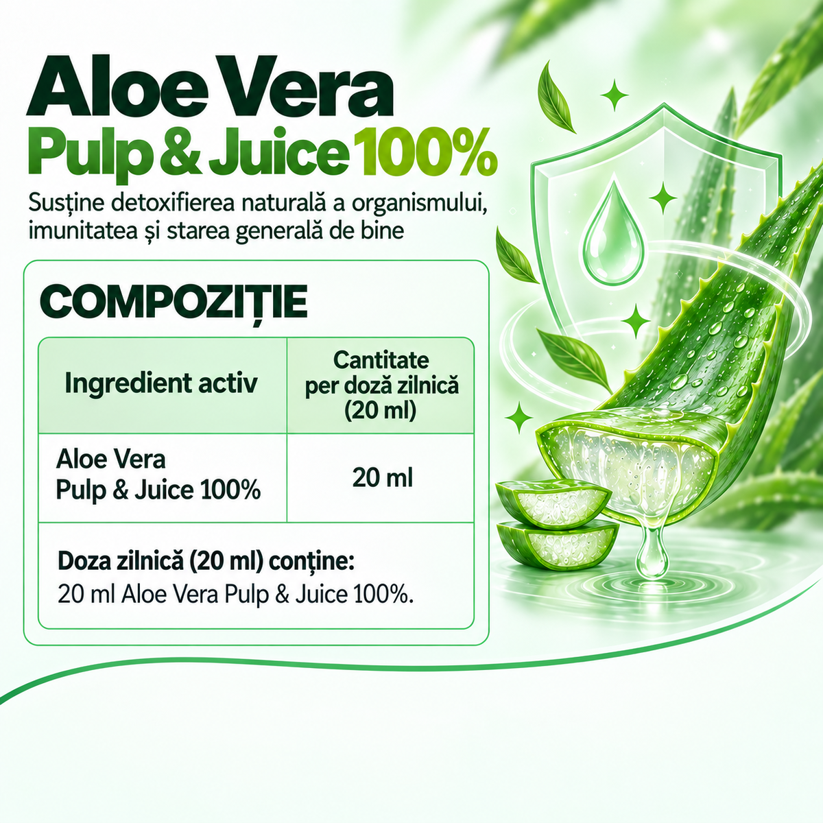 Supliment Alimentar Aloe Vera Suc Natural 100% cu Pulpa, potrivit pentru Detox, Digestie si Imunitate