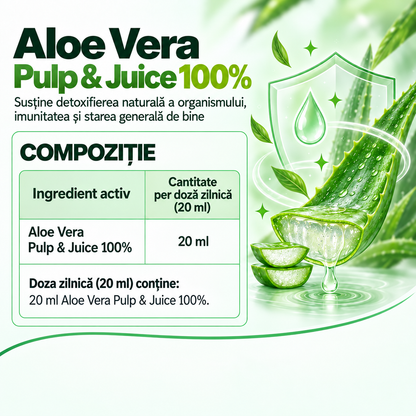 Supliment Alimentar Aloe Vera Suc Natural 100% cu Pulpa, potrivit pentru Detox, Digestie si Imunitate