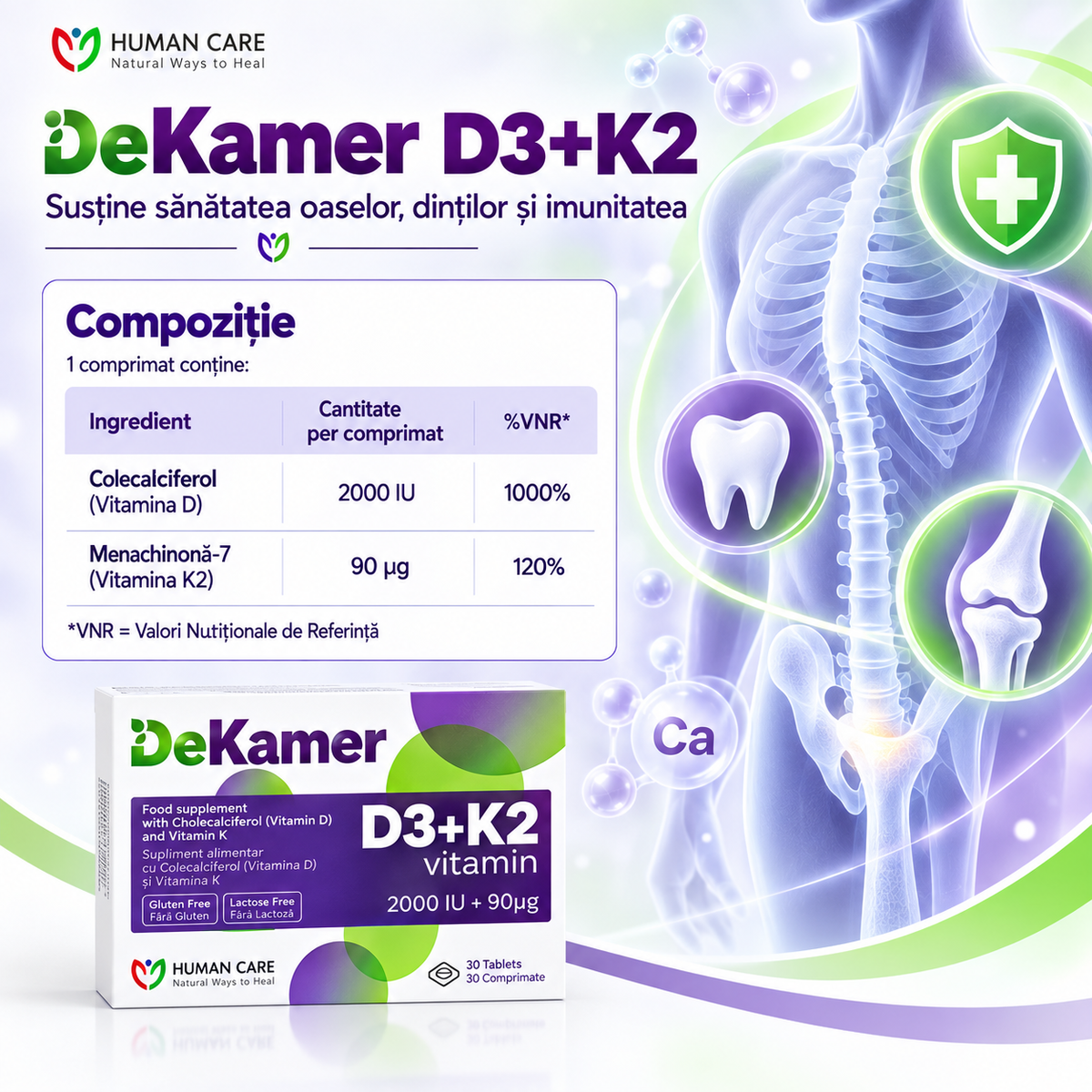DEKAMER Vitamina D3 2000 UI + Vitamina K2 90 µg, 30 comprimate