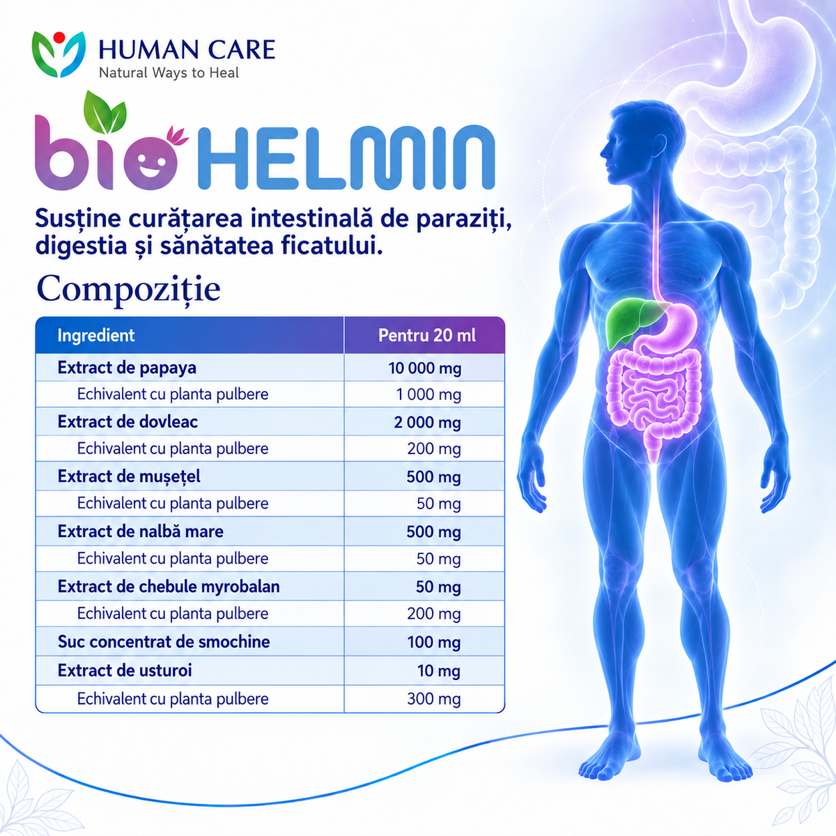 Supliment Alimentar BioHelmin, Extract din 7 Plante, 125ml, Contribuie la Mentinerea Echilibrului Florei Intestinale