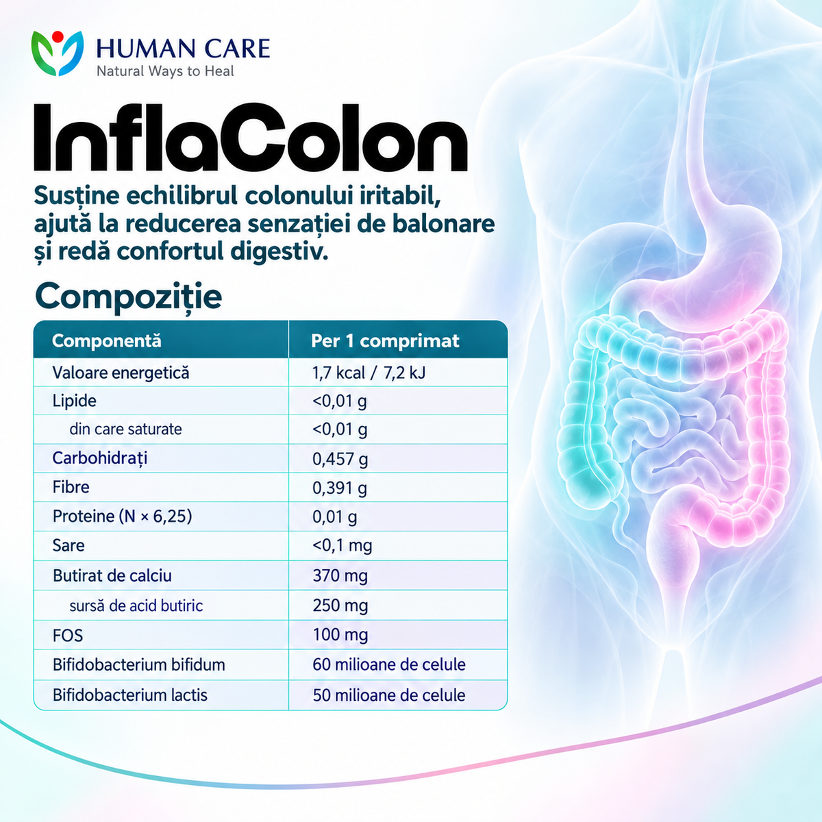 Supliment Alimentar InflaColon, Butirat de Calciu 370 mg, pentru Colon Iritabil